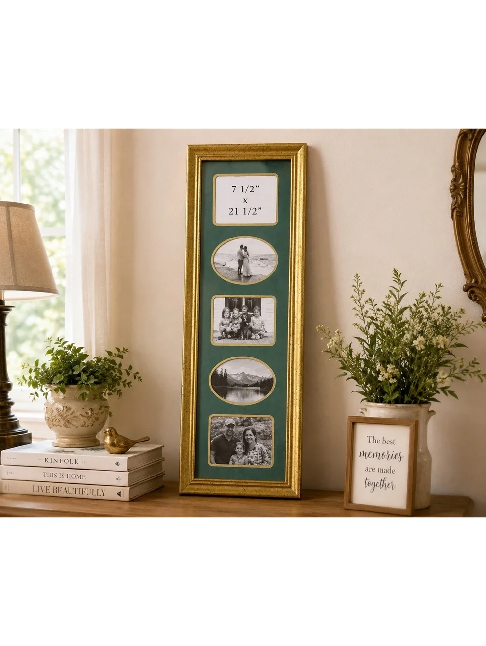 Vintage Gold Tone 5 Opening Collage Picture Frame Green Mat 7.5x21.5